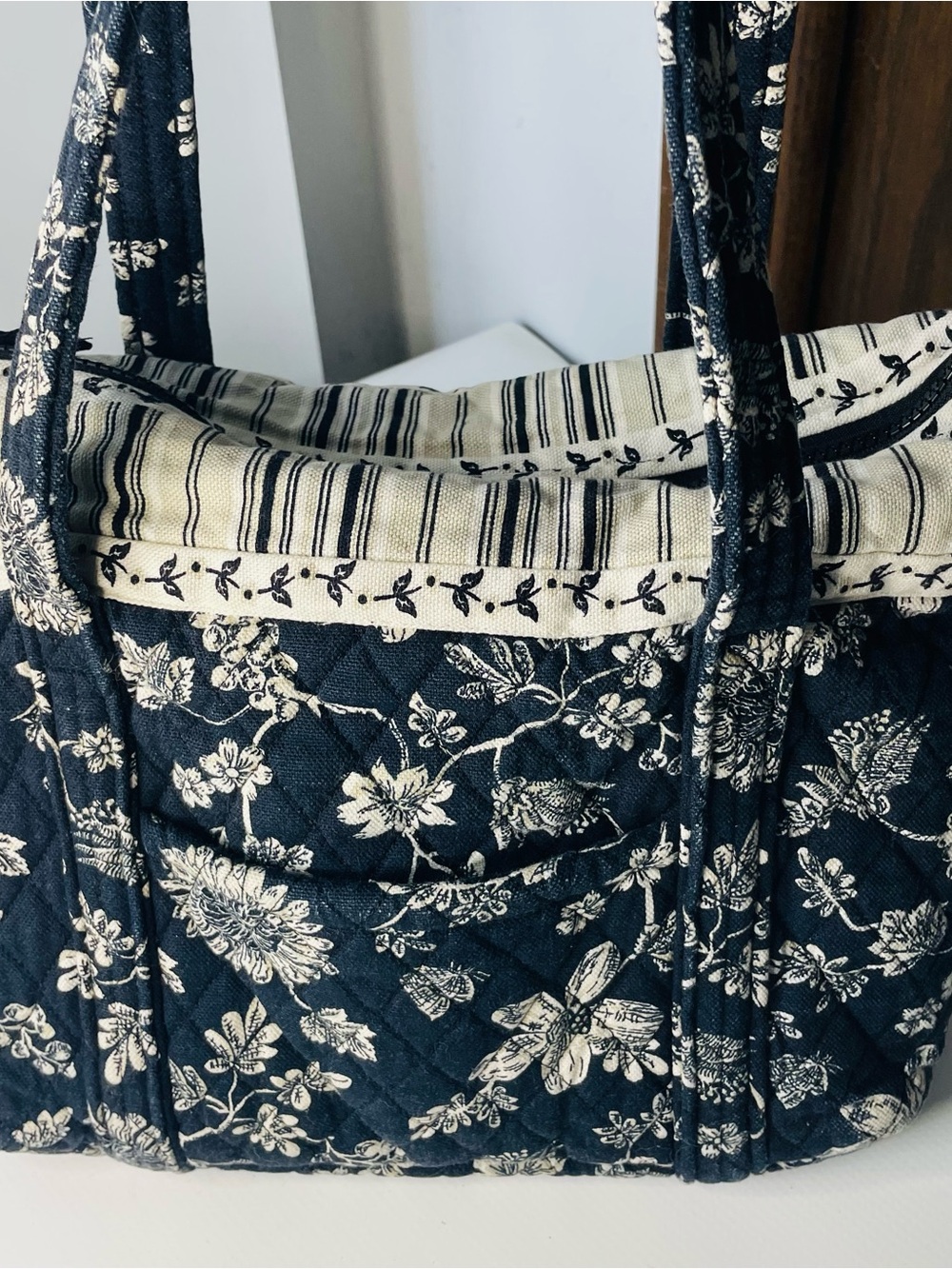 Quilted Keepers Fabric Handbag Black And White Floral Tote with Ivory Trim